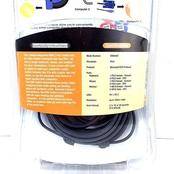 Linksys Integrated KVM 2 Port Switch KVM2KIT Built In Cables Control 2 PC Cisco - Picture 6 of 6